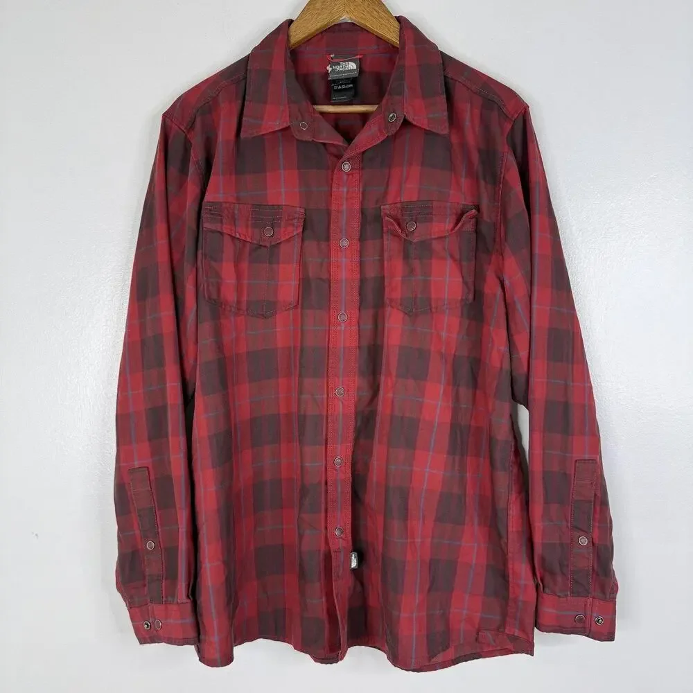 North Face Shirt Large Red Plaid Long Sleeve Snap Button Up Outdoor Mens
